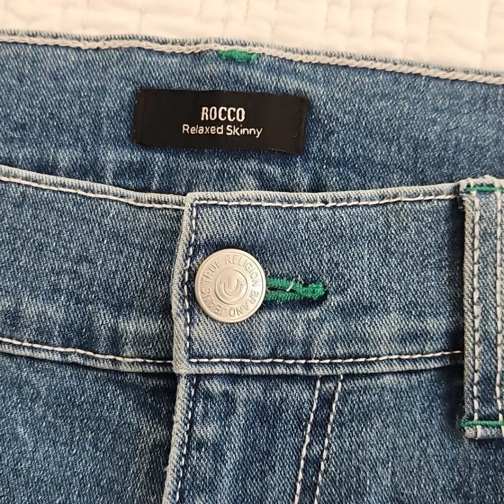 NWT True Religion Rocco Jeans Men's 36x32 Light Relaxed Flap Pocket Green Stitch